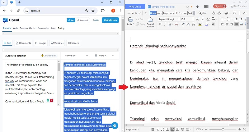 copy and paste translated text to new document