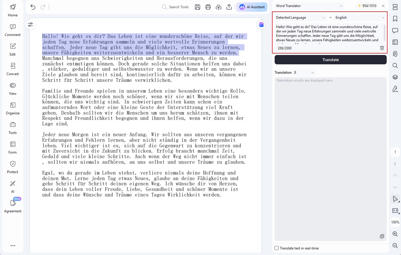 selected the german text to translate