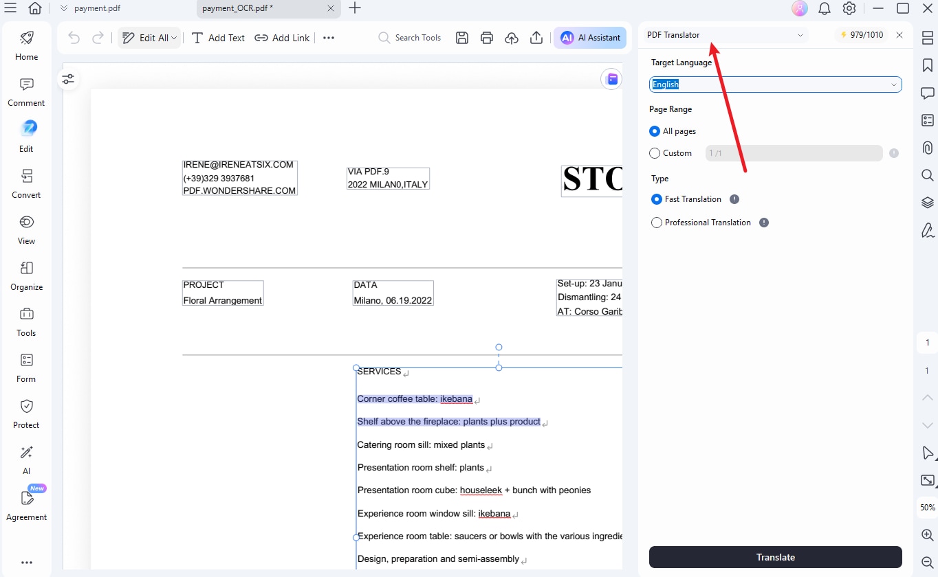 opening translate pdf feature