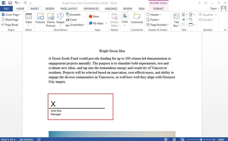 how to put a signature on a word document