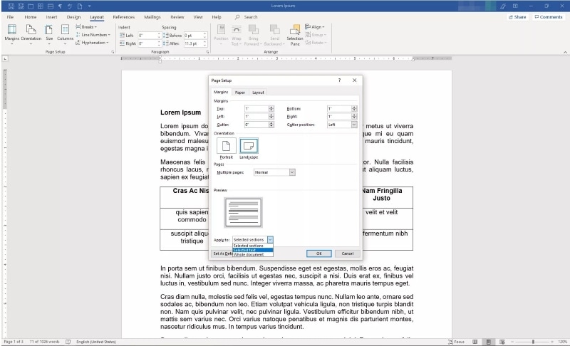 insert a landscape page in Word