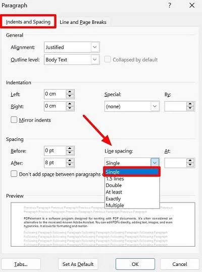 change the default line spacing