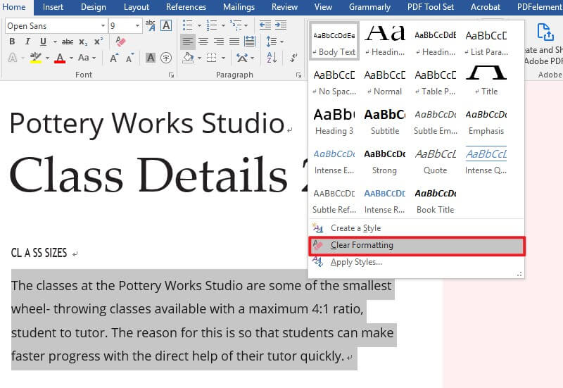 clear table formatting within word document