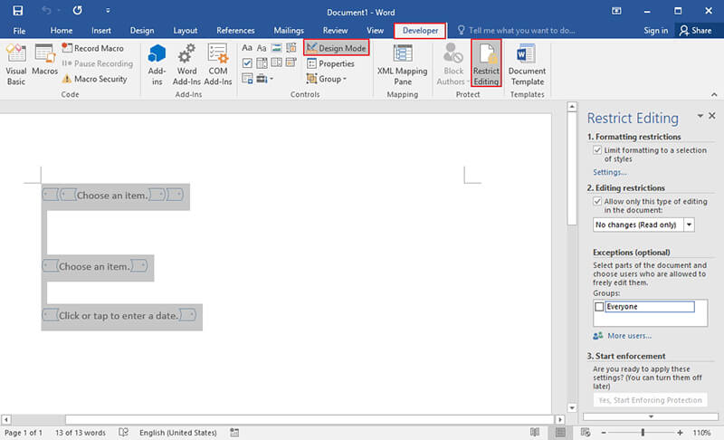 create fillable word document