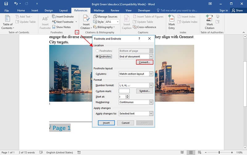 how to convert footnotes to endnotes in word