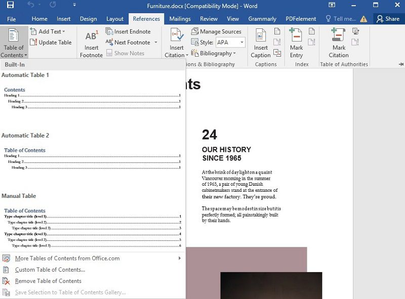 create a able of contents in word