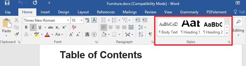 create table of contents in word