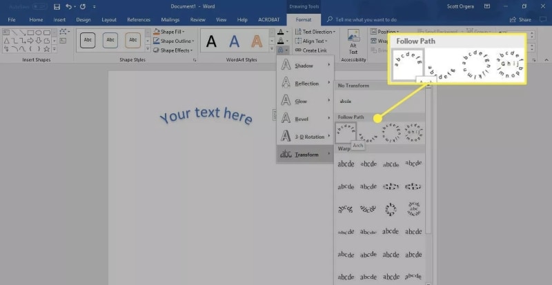 curve text in word