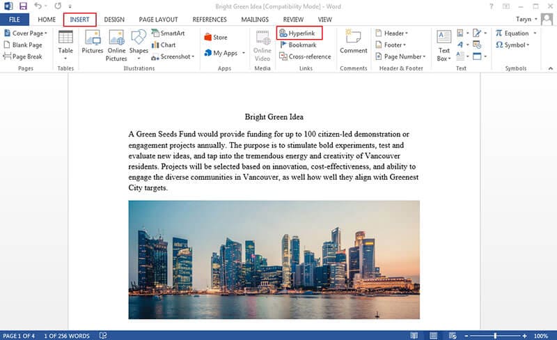 hyperlink to page in word