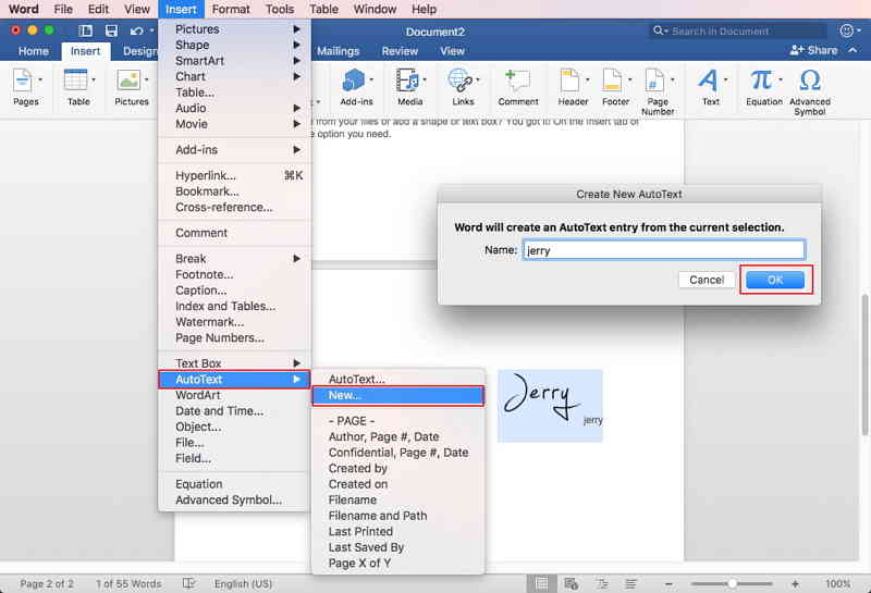 how to sign a signature in word