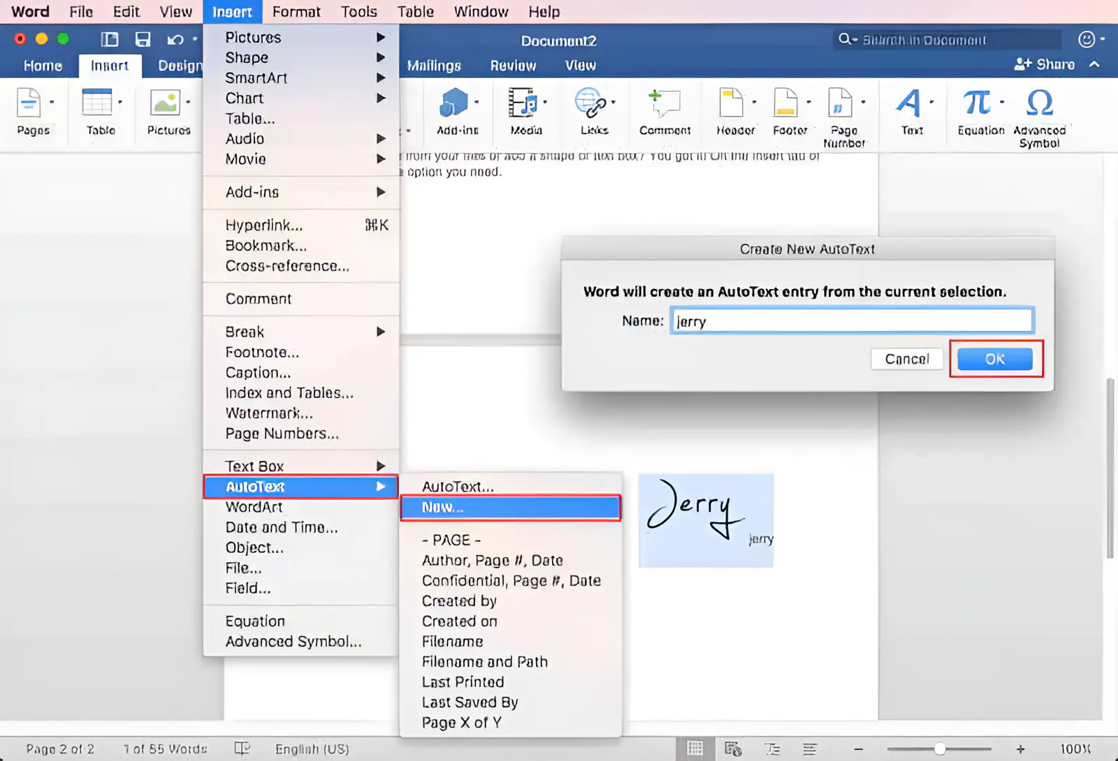 insert signature in word mac