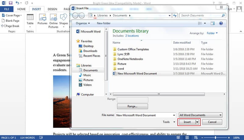 how to embed a document in word