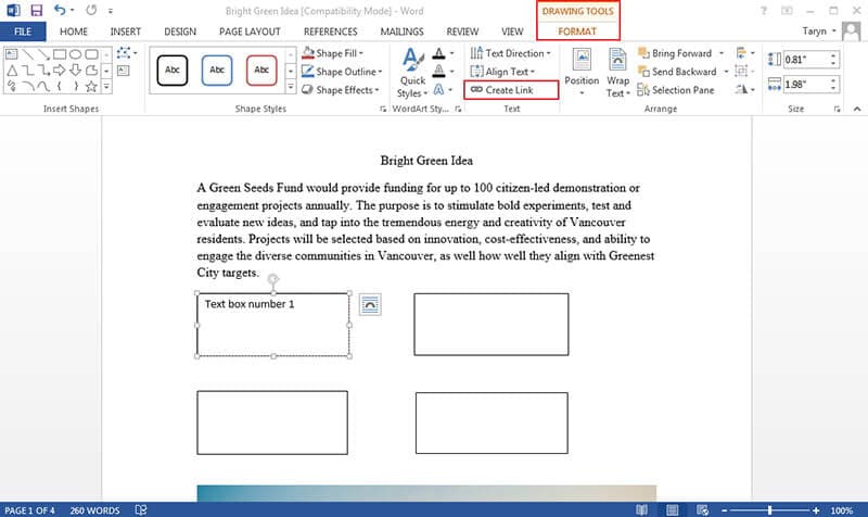 how to link text boxes in word