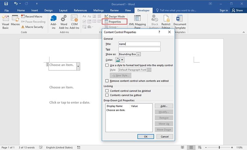 how to add fillable fields in word