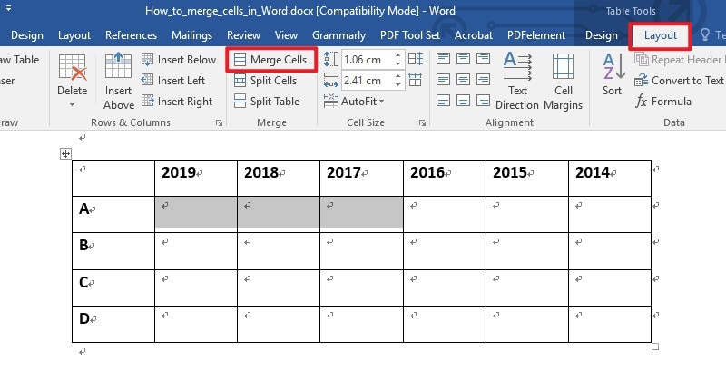how to merge cells in word 2016