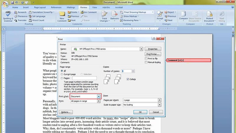 how to print word document without comments
