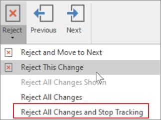 reject and remove track changes in word