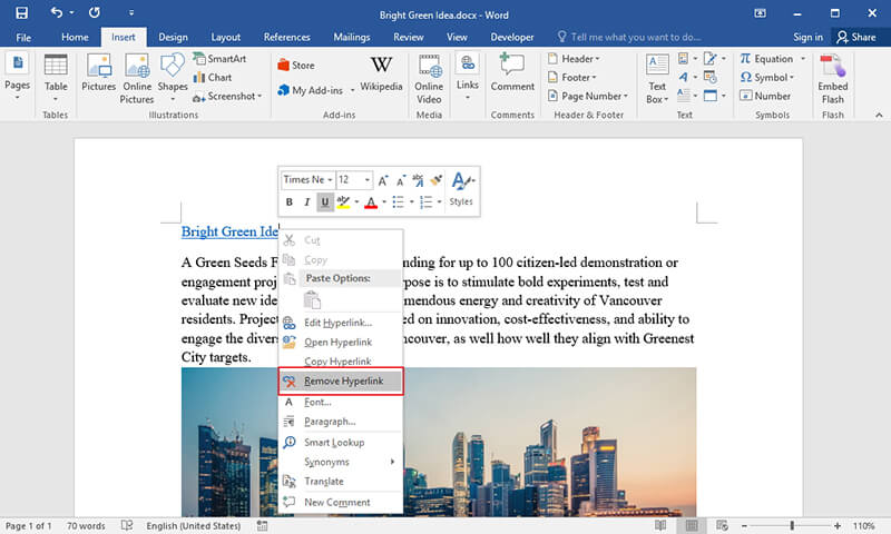 how to remove hyperlink in word