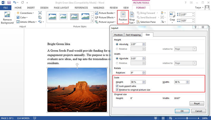 how to resize a picture in word 2013