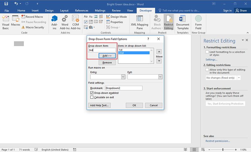 drop down list in word greyed out