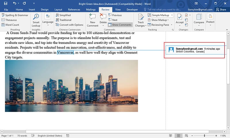 insert comment in word 2010
