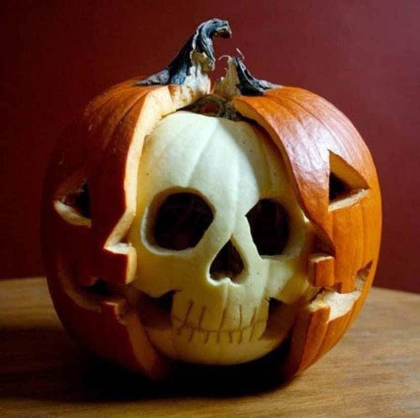 white and orange skeleton pumpkin