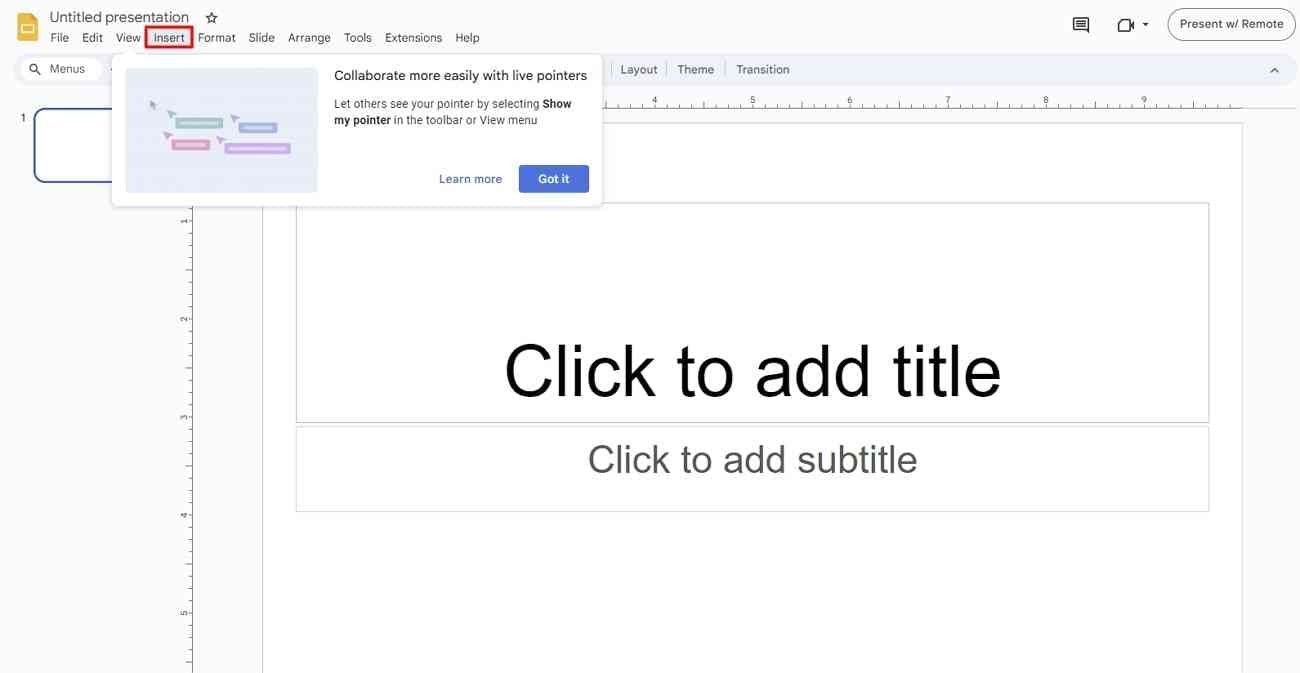 look for insert tab in slides