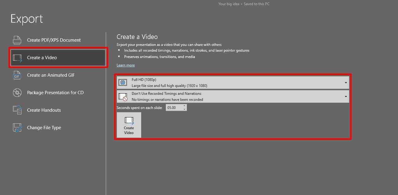 set parameters to create video