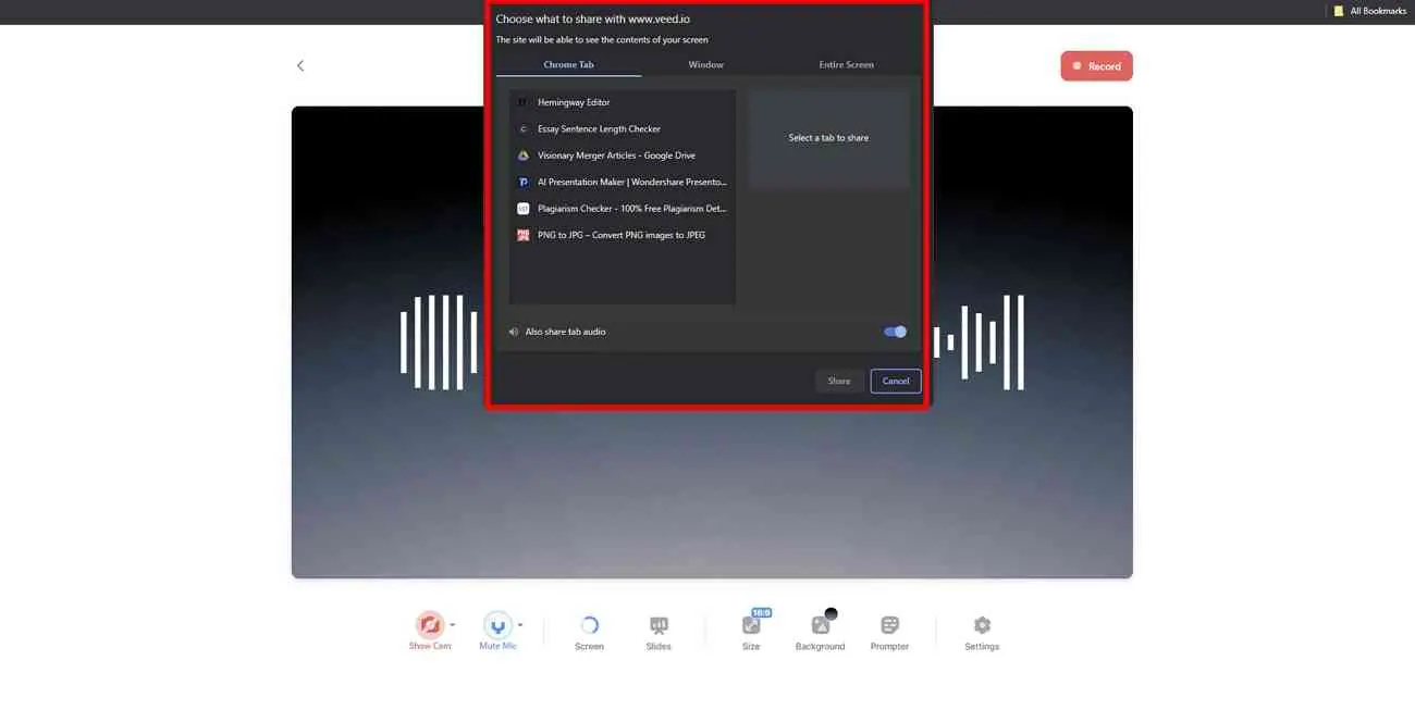 select screen to share for recording