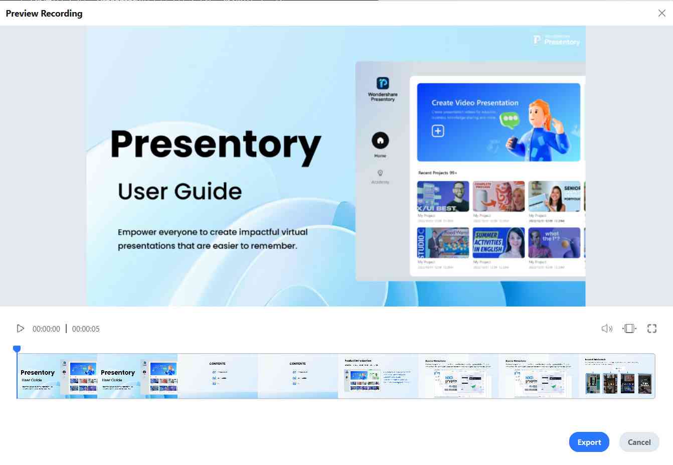 record presentation with presentory