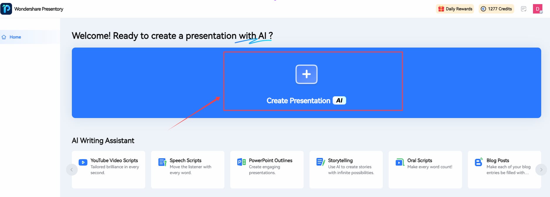 create ppt by clicking create presentation