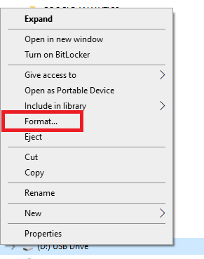 select format usb option
