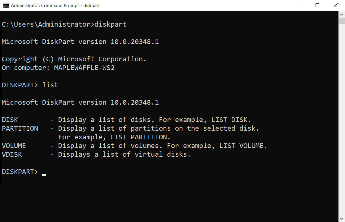 diskpart utility command prompt