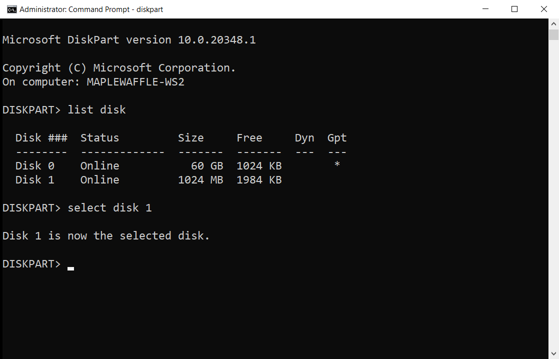 diskpart list disk select disk