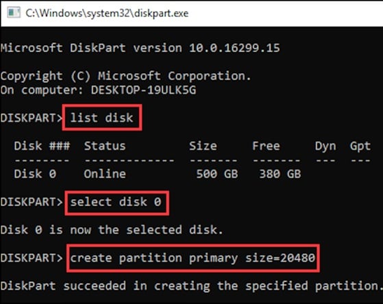 diskpart create primary partition mention size