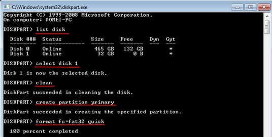 diskpart format partition fat32