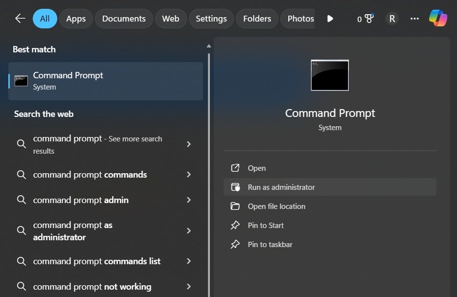 open cmd with admin rights