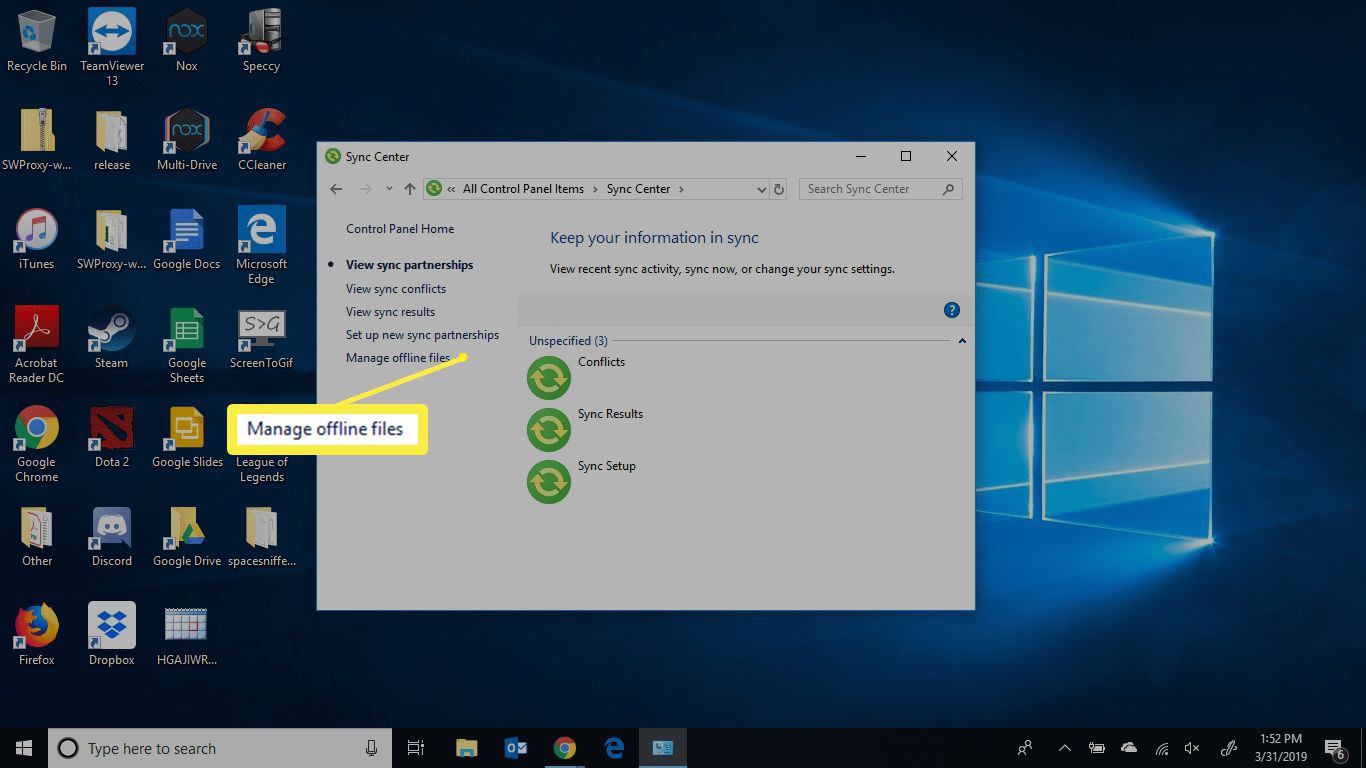 manage offline files sync center