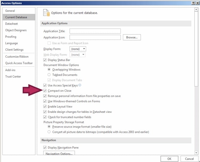 microsoft access compact on close