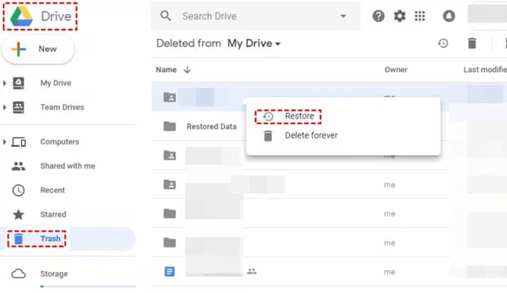 restore from google drive cloud service