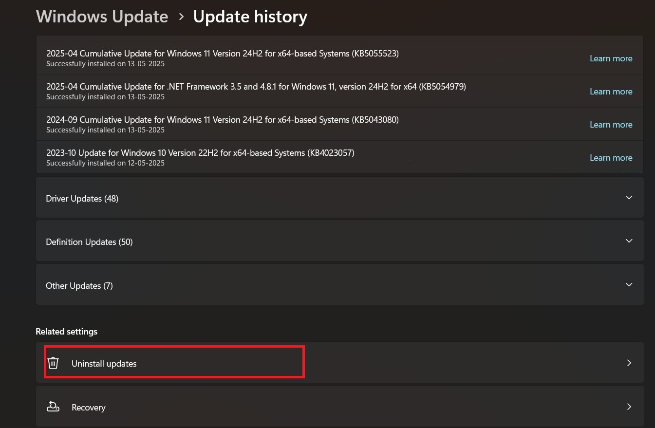 uninstall updates