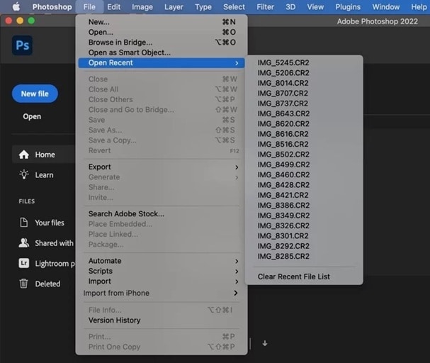 mac recent photoshop files