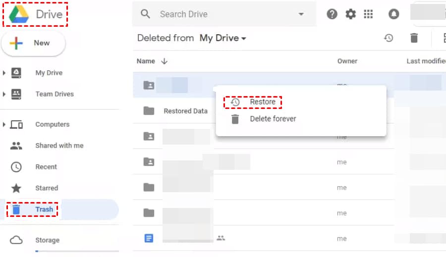 restore files from google drive