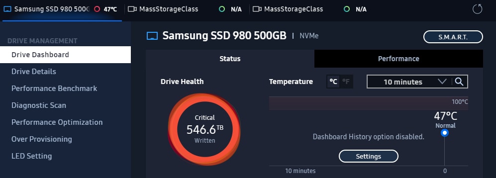 check hard drive status using samsung magician software