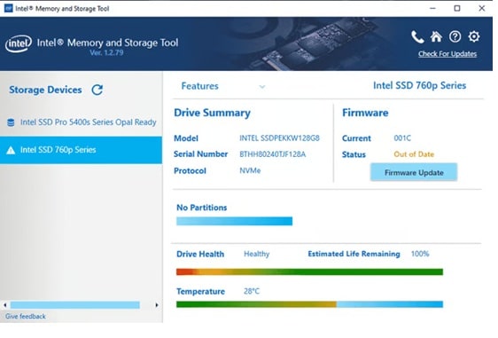 check hard drive status using intel tool