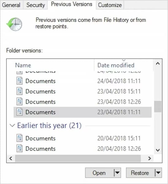 restore from previous version