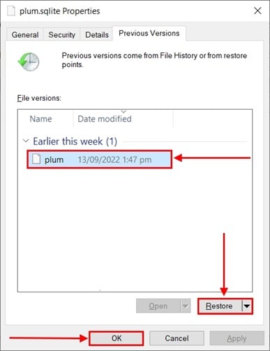 windows restore previous versions
