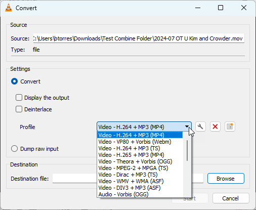 convert mp4 to h264 using vlc player