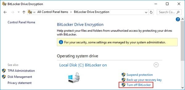 turn off bitlocker control panel