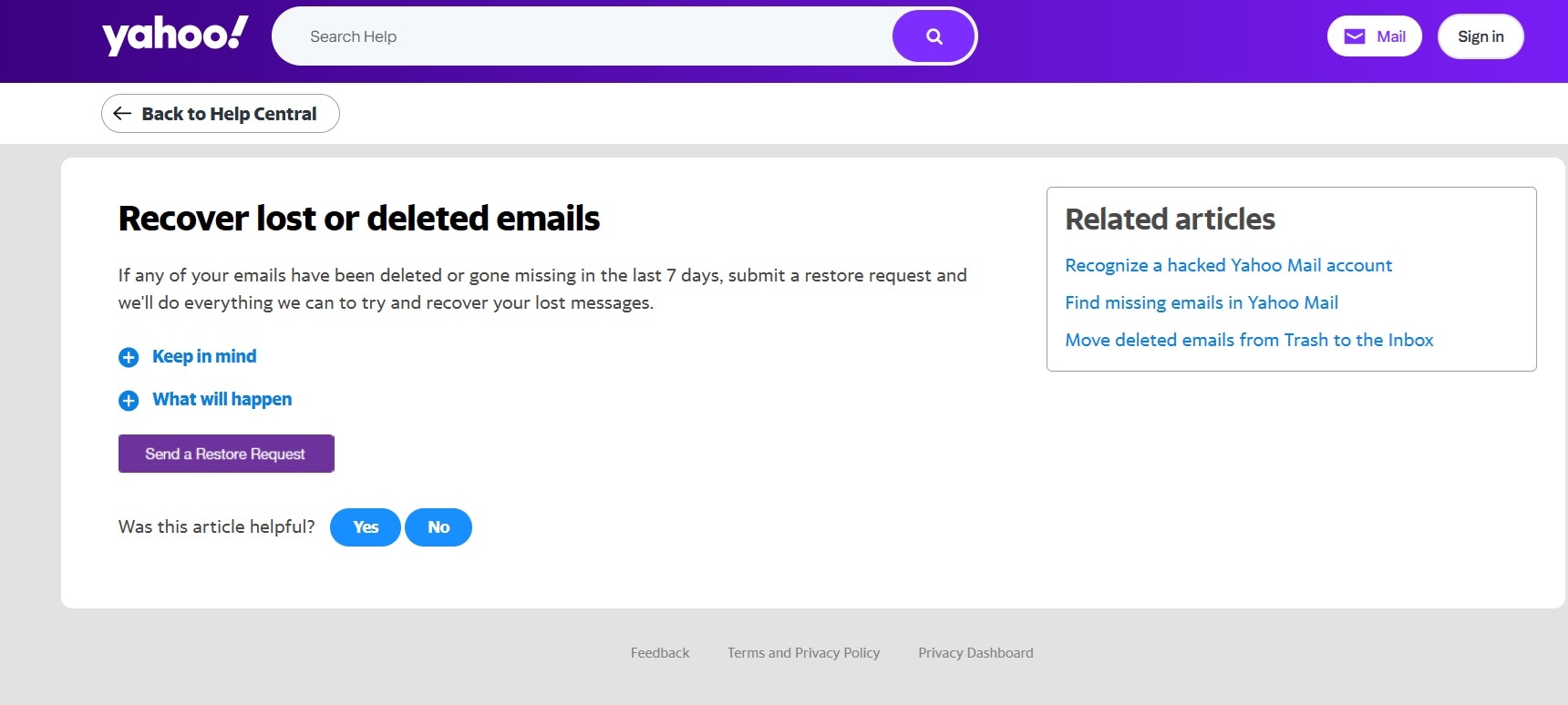 send a restore request to yahoo